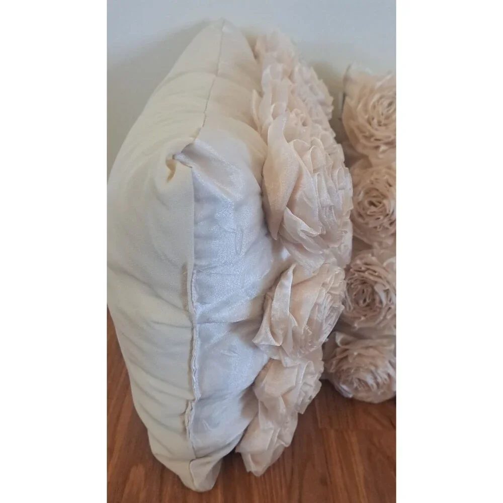Thro by Marlo Lorenz Throw Pillows Pair of 2 Beige Rosettes Raised 3D Roses